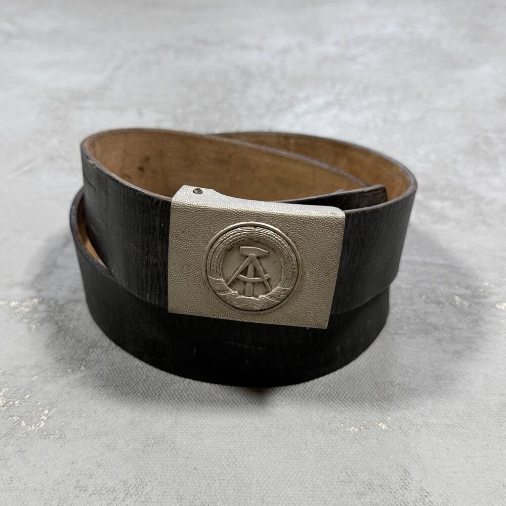 Vintage East German Black Leather Military Belt Soviet USSR GDR Fits 39" - 44"